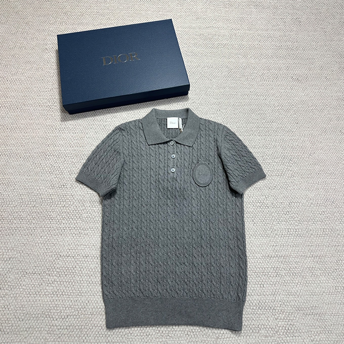 dior cable knit polo collar short sleeve knit top